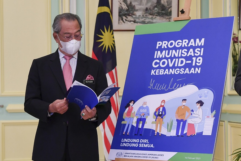 Prime Minister Tan Sri Muhyiddin Yassin at the launch of the National Covid-19 Immunisation Programme Handbook at the Perdana Putra Building in Putrajaya February 16, 2021. u00e2u20acu201d Bernama pic